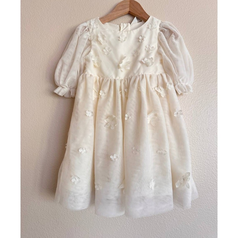 H&M Ivory Cream Girls Puff Sleeve 3D Floral Appliqué Tulle Party Dress 3T Scandi
